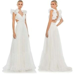 Mac Duggal White Ruffle Rosette Tiered Cut Out Chiffon 67911 Maxi Dress Wedding